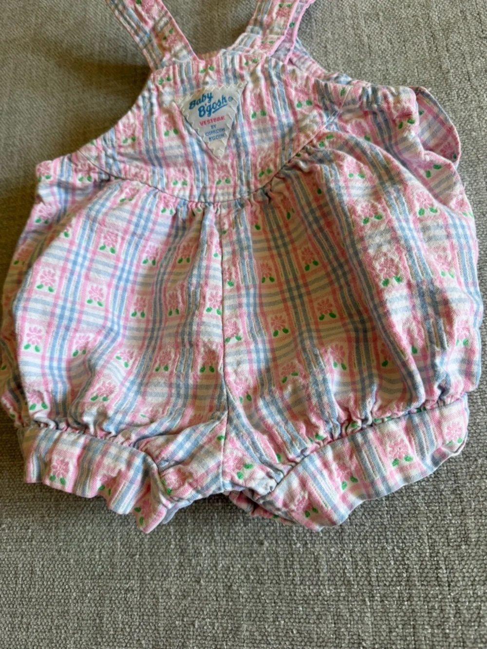 Vintage Oshkosh vestback baby girl Romper bib overalls floral plaid 3/6 months